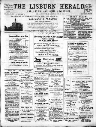 cover page of Lisburn Herald and Antrim and Down Advertiser published on May 13, 1893